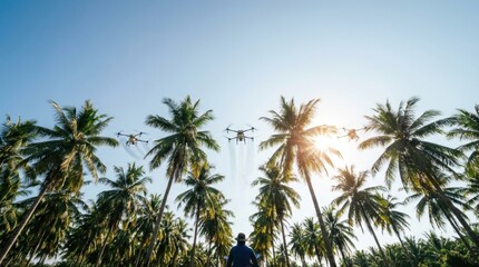 Fototapeta premium Fleet of agricultural drones spraying fertilizer over coconut plantation with farmer control, smart farming technology concept.