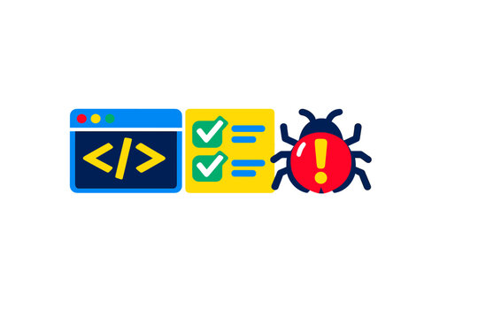 A flat vector illustration showing a blue code window, a yellow