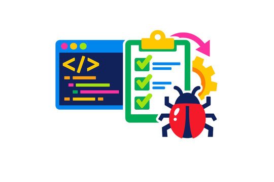 A flat vector illustration representing software testing and