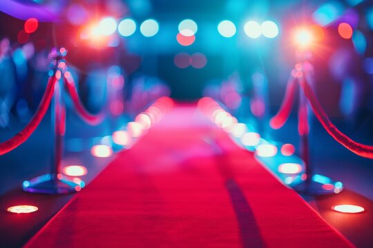 A vibrant red carpet scene shines under colorful lights. The festive atmosphere invites guests as they prepare for an exciting event. Perfect for celebrations and glamour. AI