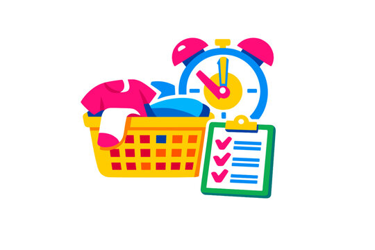 A vibrant vector illustration featuring a yellow laundry basket