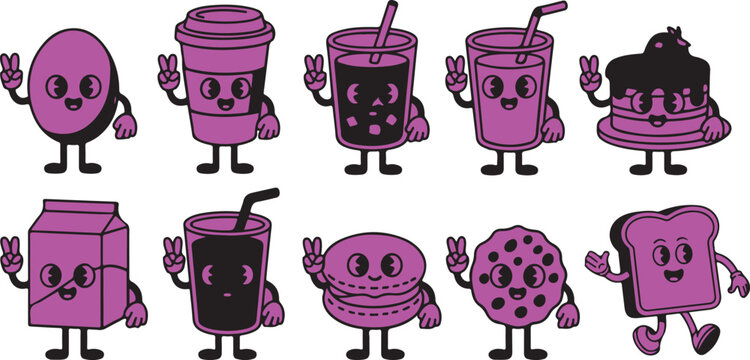 Retro Cartoon Characters of Breakfast Food and Drinks Making Peace Signs