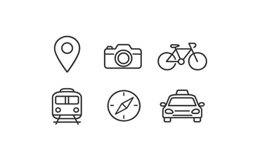 A collection of six minimalist travel and transportation icons in a © Andrei