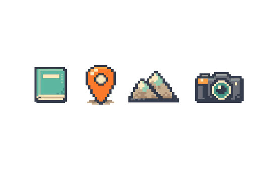 A collection of four pixel art icons related to travel and adventure