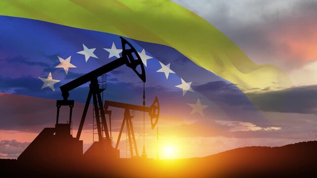 The change in oil prices. Oil price cap concept. Oil drilling derricks at desert oilfield with Venezuela flag. Crude oil production from the ground. Petroleum production.