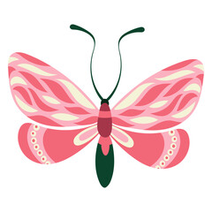 Fototapeta premium Ornamental pink butterfly with elegant curved wings and decorative patterns. Flat vector illustration with soft texture for romantic designs, textile prints, packaging, greeting cards and branding