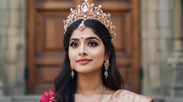 Radiant Indian Woman in Traditional Dress Smiling Warmly Outdoors, Portrait of Beauty and Cultural Heritage