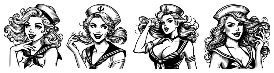 Beautiful Sailor Pin-up Girls Vector Set, Retro Nautical Style Women in Navy Uniform Illustrations