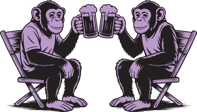 Two Cartoon Chimpanzees Enjoying a Beer Toast While Sitting Comfortably in Chairs