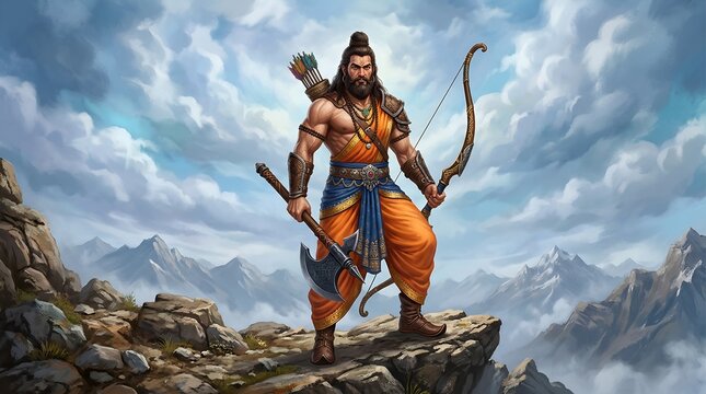 Watercolor illustration of lord parshuram with axe and bow for parshuram jayanti.