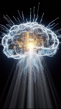 Luminous cloud computing structure, server circuits glowing, data particles flowing in and out, golden core pulsing. AI generated cinematic loop