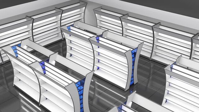 Rotation of the trading floor mockup with white and blue curved gondola shelving and blank shelves against the wall. 3d animation isolated on grey