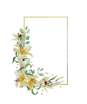 White lilies adorn a golden rectangular frame. Hand drawn watercolor illustration of delicate pastel flowers, isolated. Suitable for wedding invitations, birthday cards, Easter, baptism and funeral.