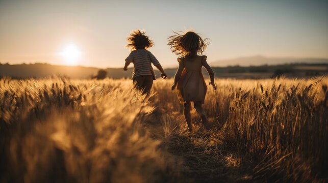 Children Running Through Golden Wheat Field at Sunset