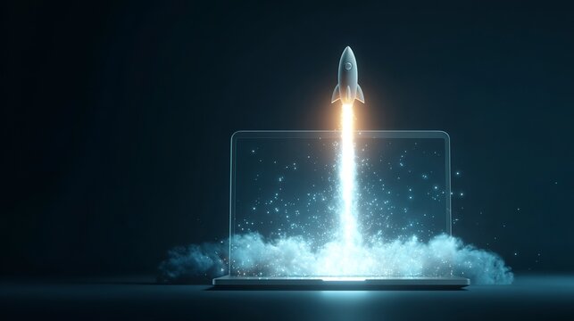 Digital Launch: A futuristic depiction of a rocket launching from a laptop screen, symbolizing innovation, progress, and the digital frontier.