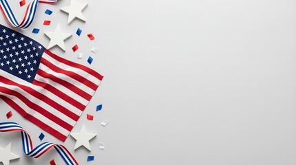 Obraz premium American Flag and Patriotic Decorations on White Background. High Resolution