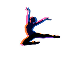 Obraz premium Dynamic silhouette of a ballet dancer in a graceful leap, artistic motion effect with colorful layered shadows