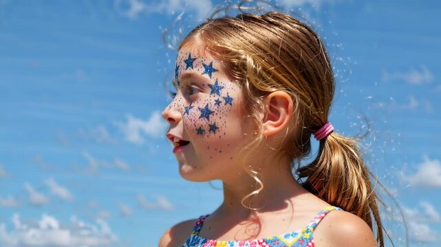 Surprised young girl with blue star face paint against blue sky. Excited child with glittery stars on her face looking away. Childhood joy and celebration concept