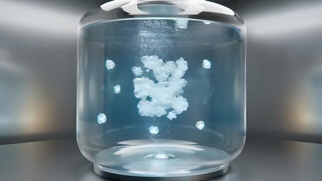 Microscopic cellular structures suspended and illuminated within a laboratory beaker, showcasing scientific research