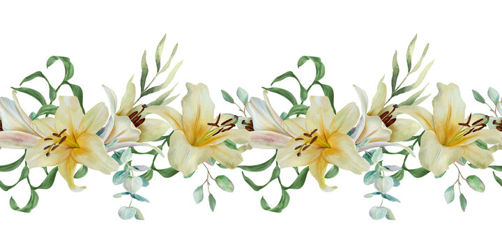 White lilies and green eucalyptus and palm leaves seamless border. Hand drawn watercolor illustration of delicate pastel flowers symbolizing purity. For textile design, wrapping paper and fabric.
