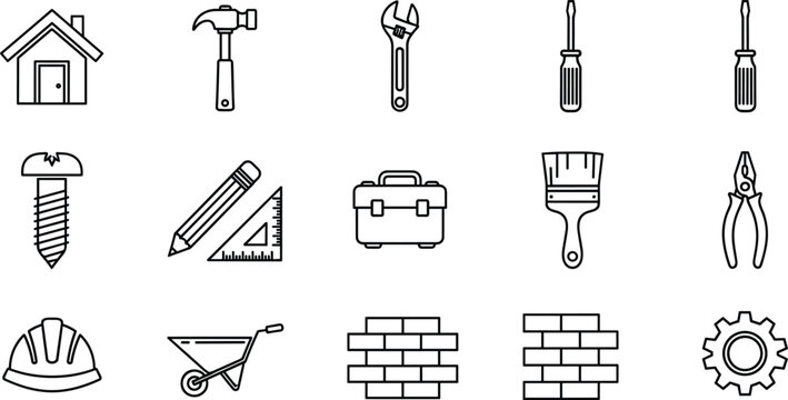 Construction Tools and Equipment Icons Set with Hammer, Wrench, Screwdriver, Paintbrush, Toolbox, Pliers, and Safety Gear for DIY, Home Improvement, and Building Projects