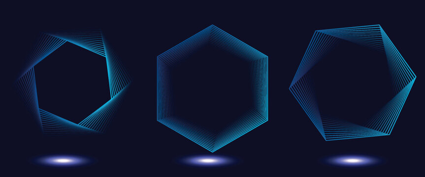 Twisted colored spiral. Wireframe pentagon shape. Vector technology lines graphic element.