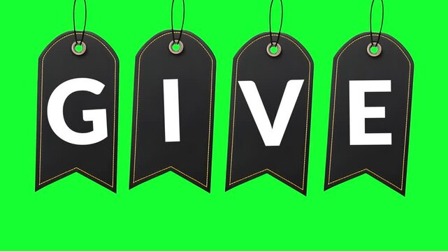 A set of black tags with 'GIVE' written on them against a bright green background, symbolizing charity, donation, and generosity.