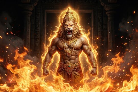 Lord Narasimha Standing in Flames with Divine Power and Strength