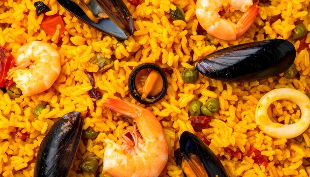 Delicious seafood paella dish featuring rice, shrimp, mussels, peas, and calamari rings