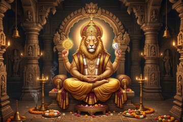 Fototapeta premium Lord Narasimha Meditating in Ancient Temple with Divine Aura
