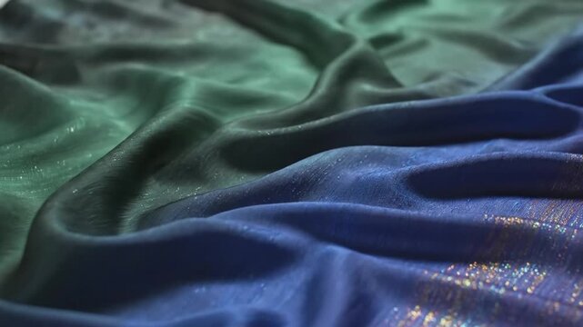 Gradient teal blue shimmering draped fabric with golden threads