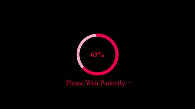 Circular loading bar animation with percentage in motion, please wait patiently message appears during processing on black screen