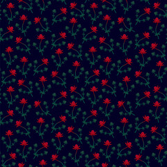 Seamless repeating pattern of beautiful flower branches on a dark blue background. Suitable for textiles, backdrops, and paper. Vector illustration. © Liliia