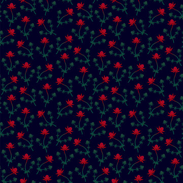 Seamless repeating pattern of beautiful flower branches on a dark blue background. Suitable for textiles, backdrops, and paper. Vector illustration.