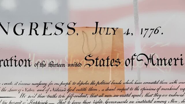 Animation of constitution of america over brown shopping bag on american flag