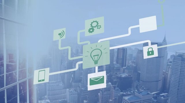 Spot of light and network of digital icons against aerial view of cityscape