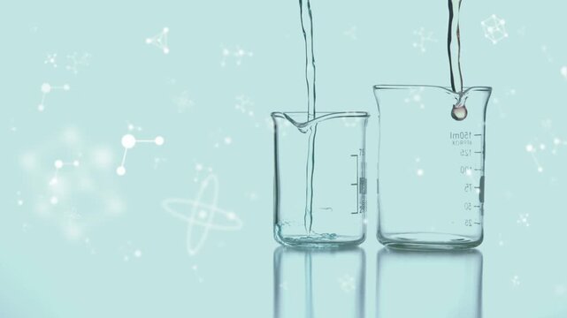 Animation of molecules over beakers with liquid