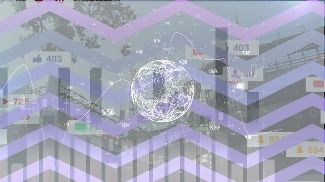 Animation of financial data and graphs over globe with connections and construction site
