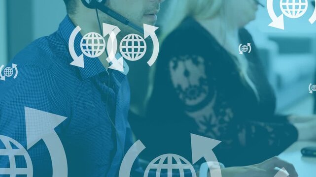Animation of online globe icons over diverse business people wearing phone headsets