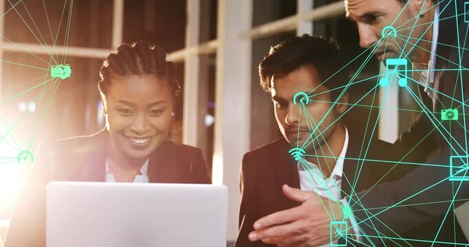 Animation of network of connections over happy diverse students using computers