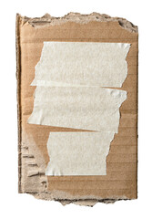 Brown corrugated cardboard torn ripped and crumpled with blank adhesive sticky tape and copy space for text, transparent png background design element