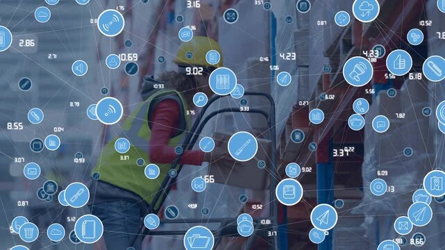 Animation of icons connecting dots against female caucasian factory worker at warehouse