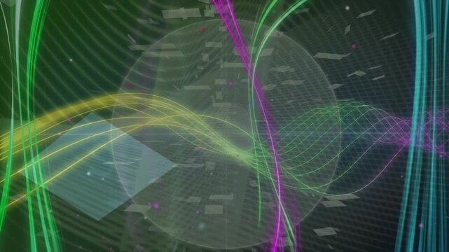 Animation of digital circle, rhombus and multicolored waves pattern against abstract background