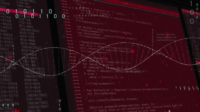 Animation of dots forming dna molecule, programming language, numbers over screen of desktop