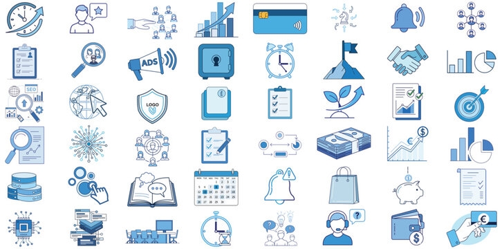 A collection of various business and finance icons in blue tones on a white background
