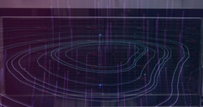 Animation of purple light trails over topography against black background