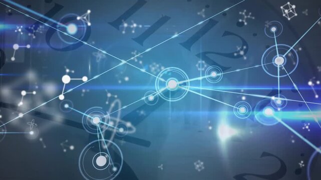 Animation of network of connections with icons and data processing over blue background