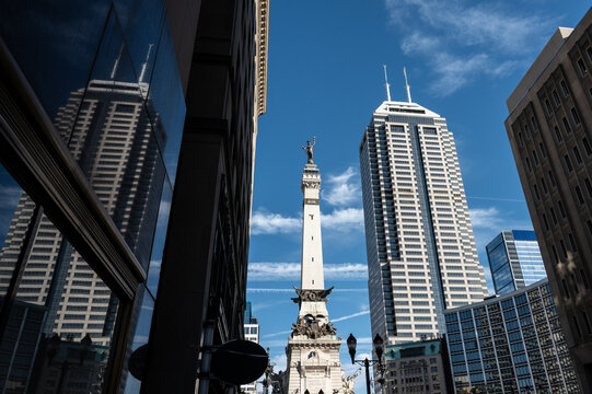 Monument Circle in downtown Indianapolis, Indiana on a blue sky summer day.