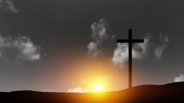 Christian cross on hill outdoors at sunrise. Resurrection of Jesus. Spiritual hope and resurrection concept, Good Friday, Easter.