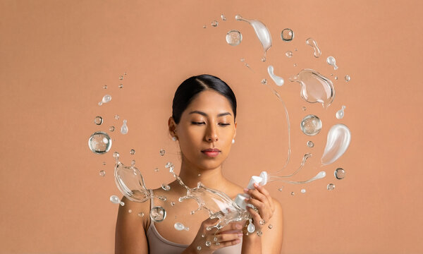 Woman holding skincare bottle with floating liquid serum texture